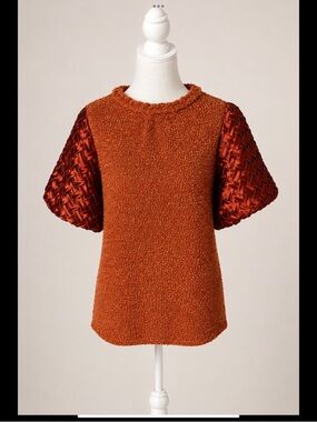 VOY Boutique Bouclé Sweater | Woven Satin Puff Sleeves Copper Rust Size Small